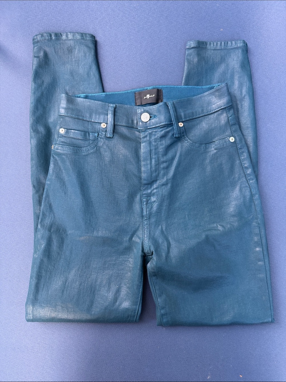 7 For All Mankind Metallic Teal Skinny Jeans